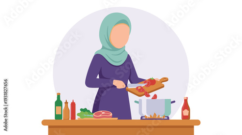 Muslim woman preparing fresh ingredients for cooking in the kitchen