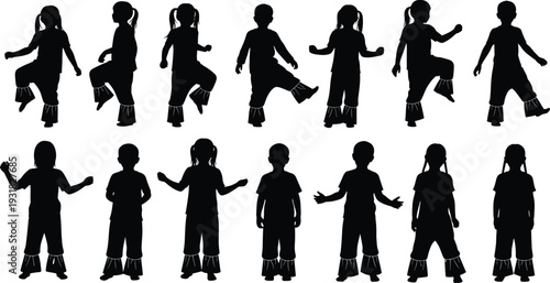 Diverse Children Silhouette Set Featuring Little Girls and Boys Playing, Dancing, Walking, and Standing for Youth Lifestyle and Childhood Illustration