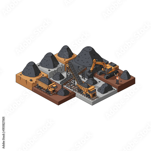 Isometric Coal Mining Operation with Heavy Machinery and Coal Piles.
