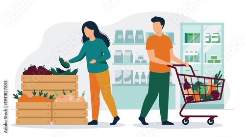 Man and woman shopping for fresh groceries in a modern supermarket