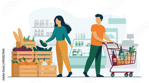 Couple shopping for groceries and fresh produce in a modern supermarket