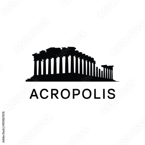 Stylized black silhouette of the acropolis with text below it