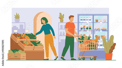 Couple shopping for groceries, choosing fresh vegetables in supermarket