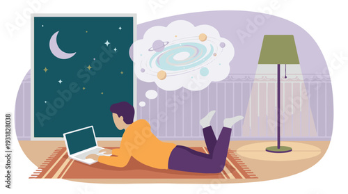 Young man thinking of galaxy and space while using laptop at home at night