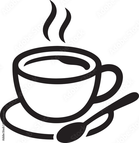 A steaming cup of coffee with a spoon on a saucer, inviting you to enjoy a warm and comforting beverage.