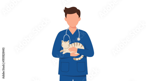 Veterinarian in blue scrubs holding a striped cat, pet care concept