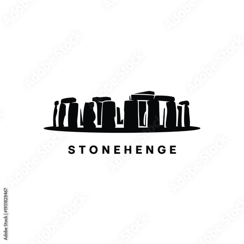 Stylized silhouette of stonehenge with text below the monument