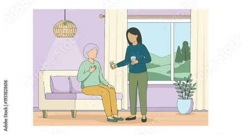 Caregiver Assisting Senior Woman with Medication and Water in Living Room