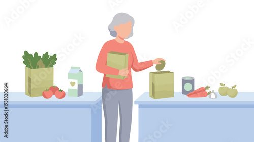 Senior woman unpacking groceries with healthy fruits and vegetables