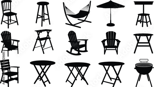 Silhouettes of Garden and Patio Furniture Set Featuring Adirondack Chairs, Folding Tables, Hammock, Umbrella, Bar Stools, and BBQ Grill, Isolated Vector
