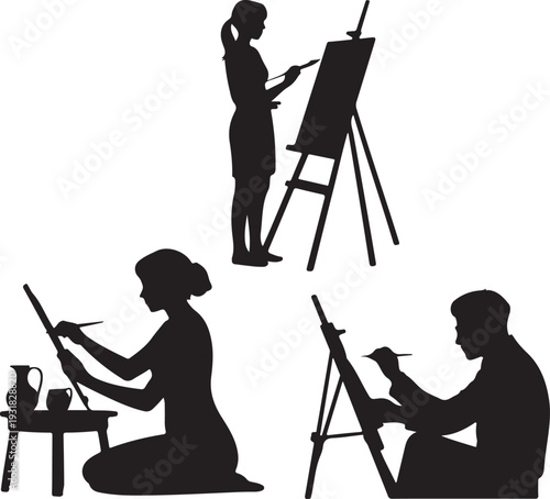 Artist silhouettes painting on canvas and street graffiti  Painting Silhouette Set , people drawing on easels collection isolated on white background, black vector 