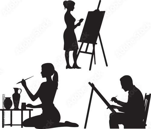Artist silhouettes painting on canvas and street graffiti  Painting Silhouette Set , people drawing on easels collection isolated on white background, black vector 