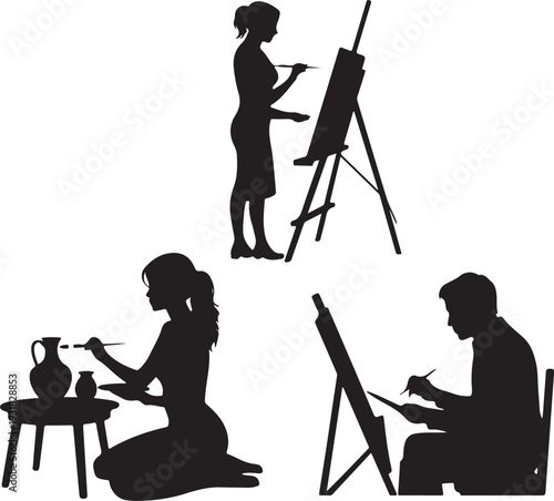Artist silhouettes painting on canvas and street graffiti  Painting Silhouette Set , people drawing on easels collection isolated on white background, black vector 
