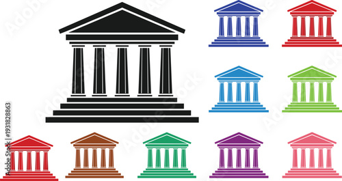 Vector set of bank and courthouse building icons in multiple colors for financial branding legal services government architecture justice system and corporate banking identity.