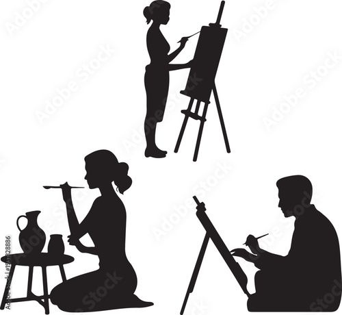 Artist silhouettes painting on canvas and street graffiti  Painting Silhouette Set , people drawing on easels collection isolated on white background, black vector 