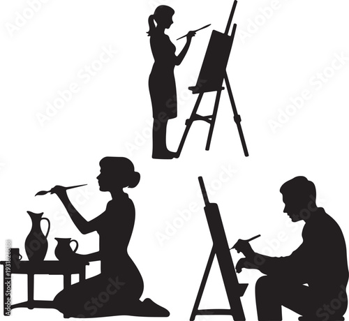 Artist silhouettes painting on canvas and street graffiti  Painting Silhouette Set , people drawing on easels collection isolated on white background, black vector 