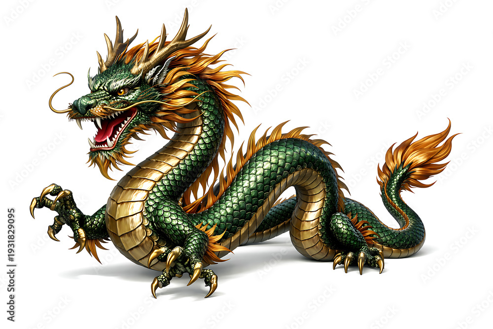Fototapeta premium Detailed green and gold Chinese dragon statue with intricate scales and majestic pose on white