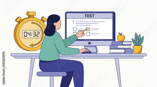Woman taking online test on computer with timer, concept of e-learning
