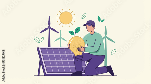 Man promoting sustainable green energy with solar panel, wind turbines, and eco lightbulb
