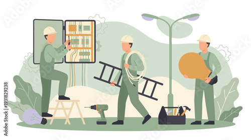 Electricians working on an electrical panel and carrying various tools