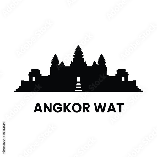 Silhouetted angkor wat temple complex with text below the structure