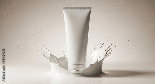 Blank white cosmetic tube splashing into liquid, symbolizing skincare, beauty products, or creamy textures
