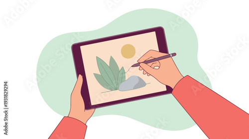 Hands creating digital illustration on a tablet with a stylus pen