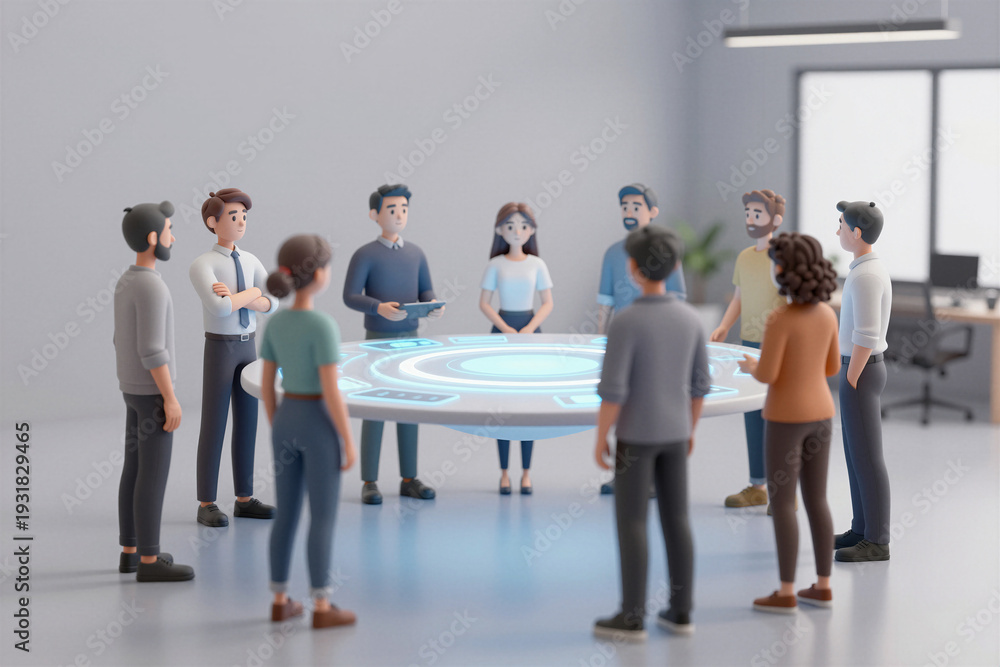 Obraz premium Business Team Meeting Around Futuristic Digital Table 