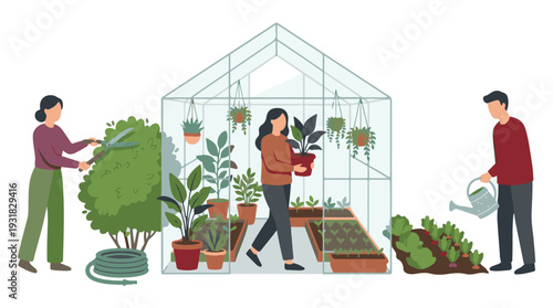 Gardening activities with people tending plants in greenhouse and garden