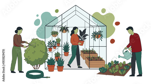 People gardening, tending to plants in a greenhouse and outdoor garden