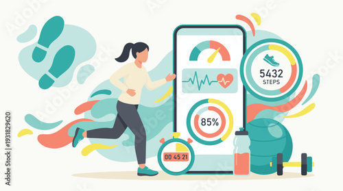 Woman running with fitness tracking app on smartphone, health and exercise concept