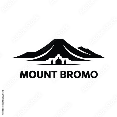 Mount bromo graphic with a building silhouette and text below