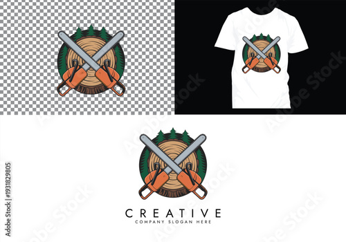Lumberjack and Chainsaw Cutting logo, Woodcutting Tree Trunk Logo editable vector Design 