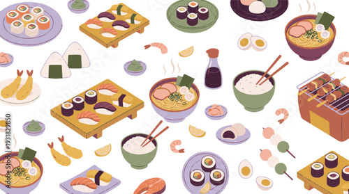 Assortment of Traditional Japanese Cuisine Dishes and Ingredients