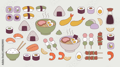 Flat design illustration of a variety of traditional Japanese food