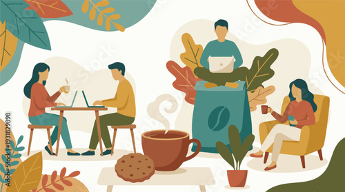 People working remotely and relaxing in a modern coffee shop illustration