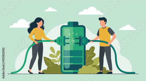 Man and woman collaboratively charging a giant battery, energy concept