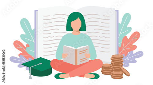 Woman studying with books, graduation cap, and coins, symbolizing learning and investment.