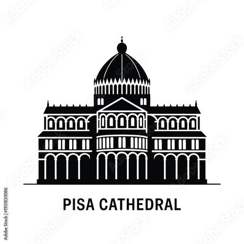 Black and white silhouette of pisa cathedral with text below