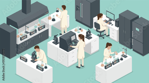Scientists conducting experiments in a modern research laboratory, isometric
