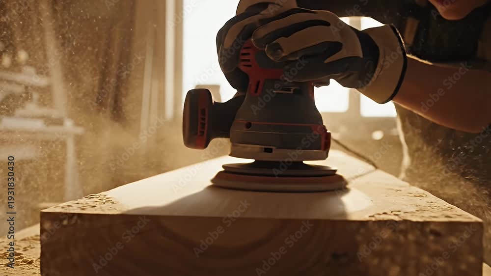 Orbital Sander Smoothing Wood in Workshop - A worker uses an electric ...