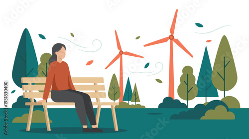 Woman relaxing on bench in park with wind turbines, clean energy landscape