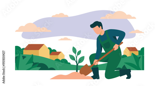 Gardener planting a small tree in a rural landscape, environmental care illustration