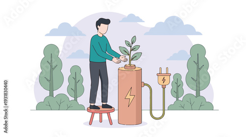 Man nurturing plant growing from battery, symbolizing green energy and sustainability
