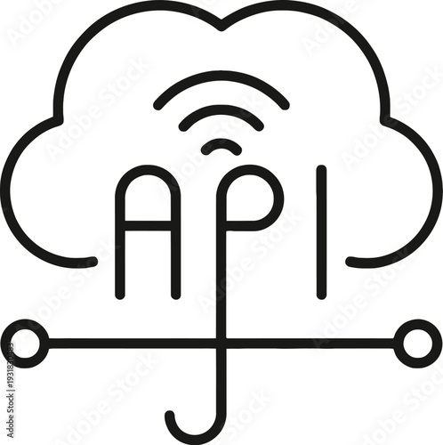 Cloud API Integration Icon with Wireless Signal – Line Art Illustration