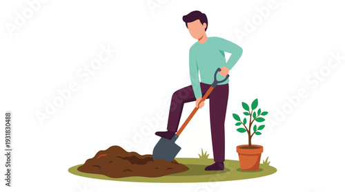 Man digging a hole with a shovel to plant a sapling, environmental illustration