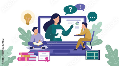 Distance learning concept, online education with teacher and students