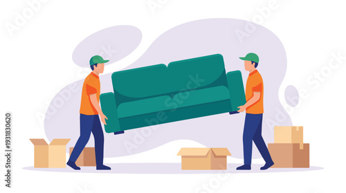 Professional movers carrying a large sofa and cardboard boxes during relocation