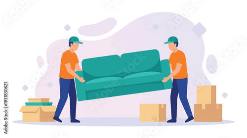 Professional movers carrying a sofa and surrounded by cardboard boxes