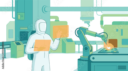 Engineer using augmented reality to control robotic manufacturing process